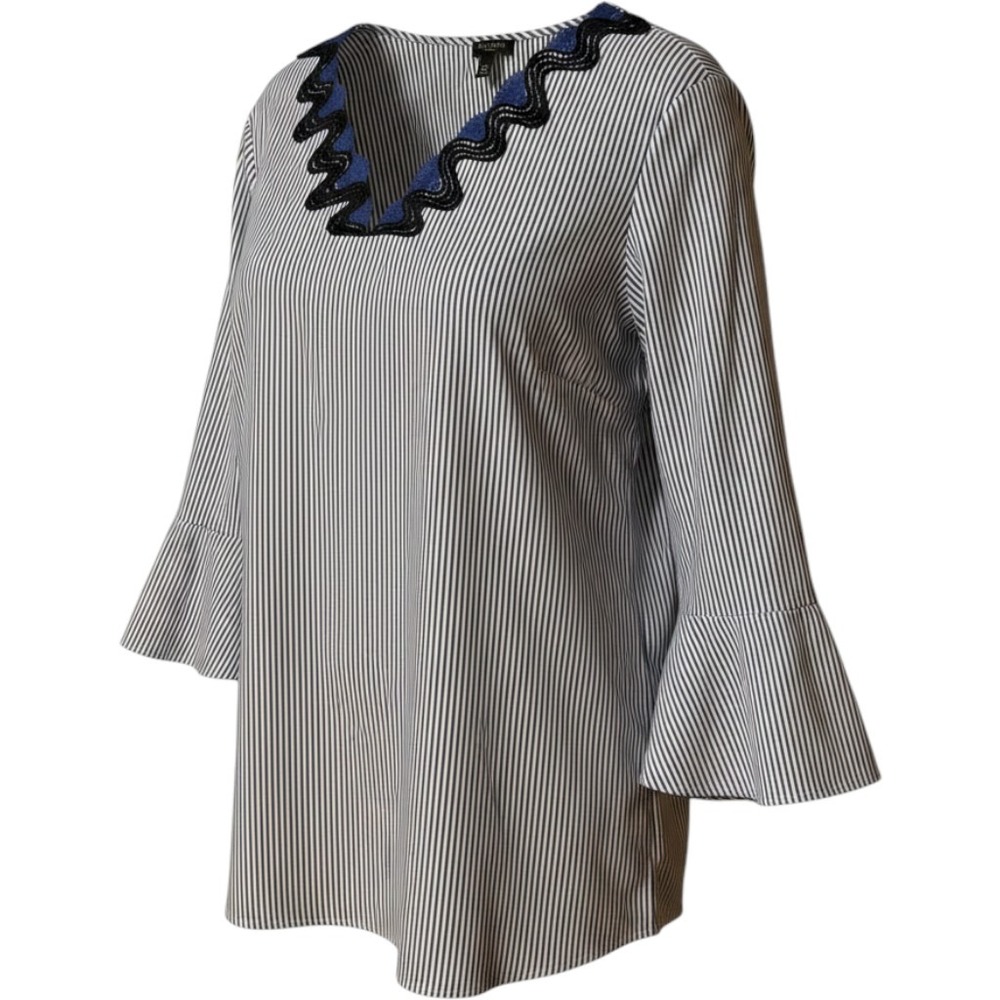 Talbots Woman Blue White Striped Embroidered V-Neck Bell Sleeve Blouse 2X NWOT